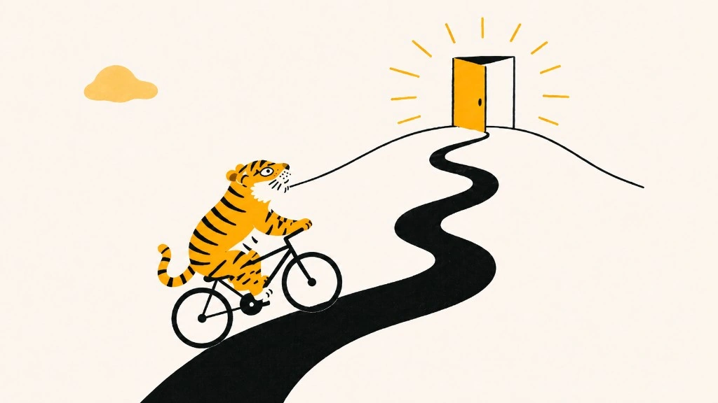 丘の上の扉へ向かう自転車に乗ったトラのイラスト